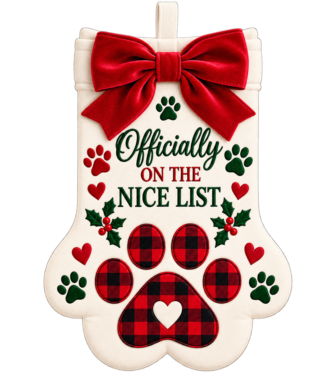 Paw Print Christmas Stocking – “Officially on the Nice List” Holiday Pet Stocking