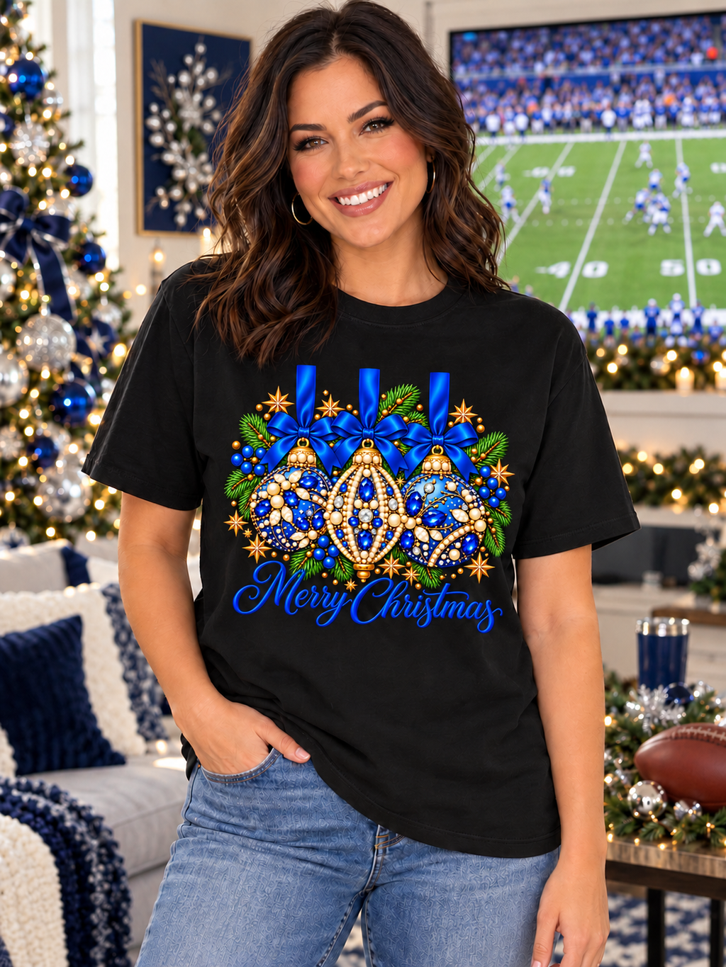 Merry Christmas Blue Jeweled Ornament Tee